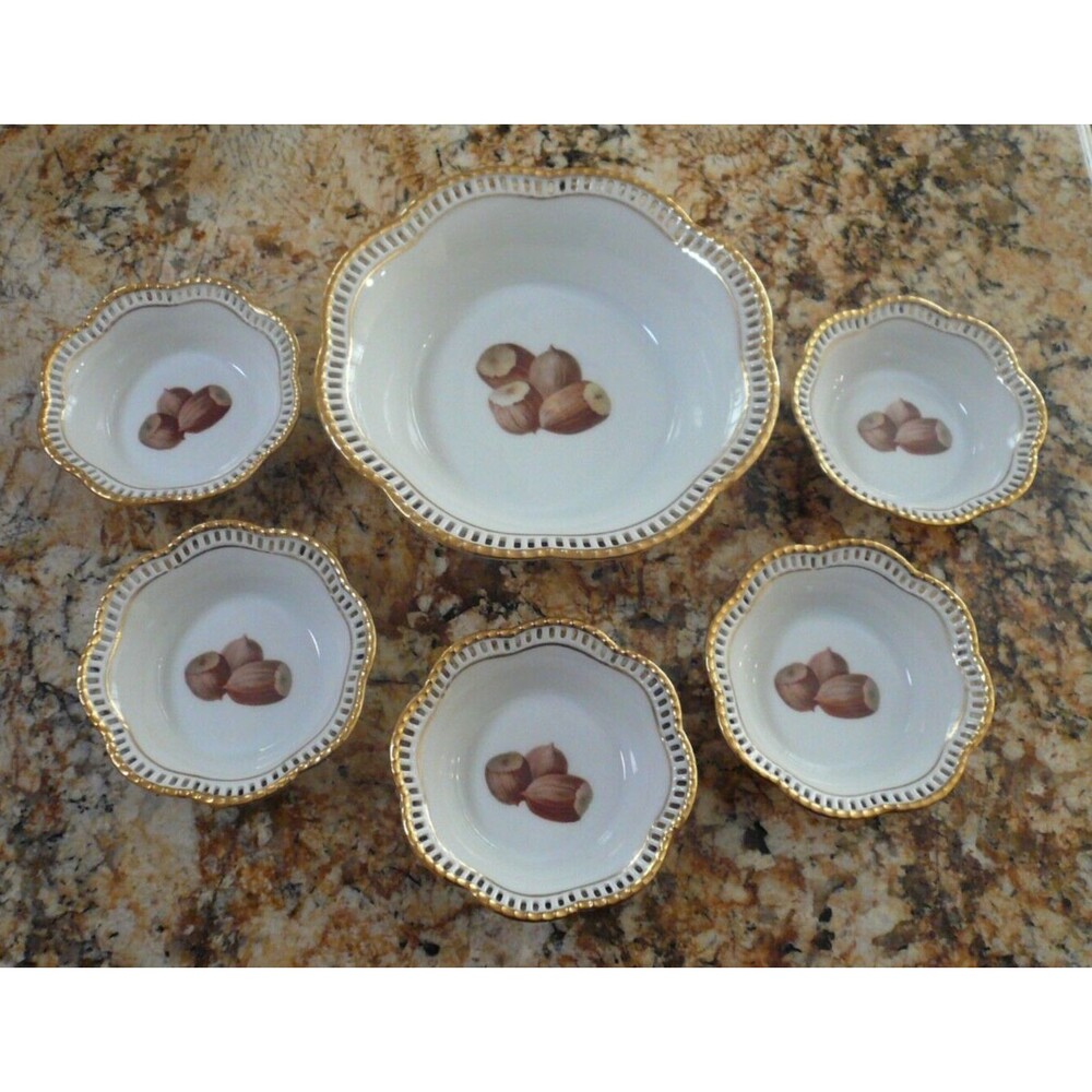 Schumann Bavaria Nut Bowl Set 6 Piece Reticulated Porcelain Hazelnuts 1918-29